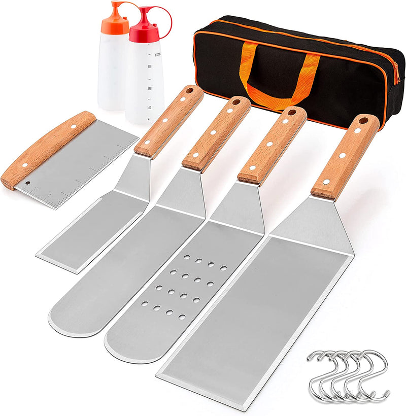 Hasteel Griddle Accessories, Metal Spatula Set of 8 Stainless Steel with Wooden Handle, Professional Griddle Spatula Scraper Tools Kit with Carrying Bag for Teppanyaki BBQ Flat Top Cooking Grilling Home & Garden > Kitchen & Dining > Kitchen Tools & Utensils HaSteeL Wooden Handle 8pcs 8 