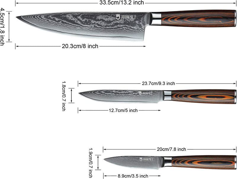 Jourmet 3PC Damascus Knife Set with Japanese VG10 Super Steel Core, Professional 67-Layer Handmade PAKKA Wood Handle with S/S 430 Bolster Home & Garden > Kitchen & Dining > Kitchen Tools & Utensils > Kitchen Knives JOURMET   