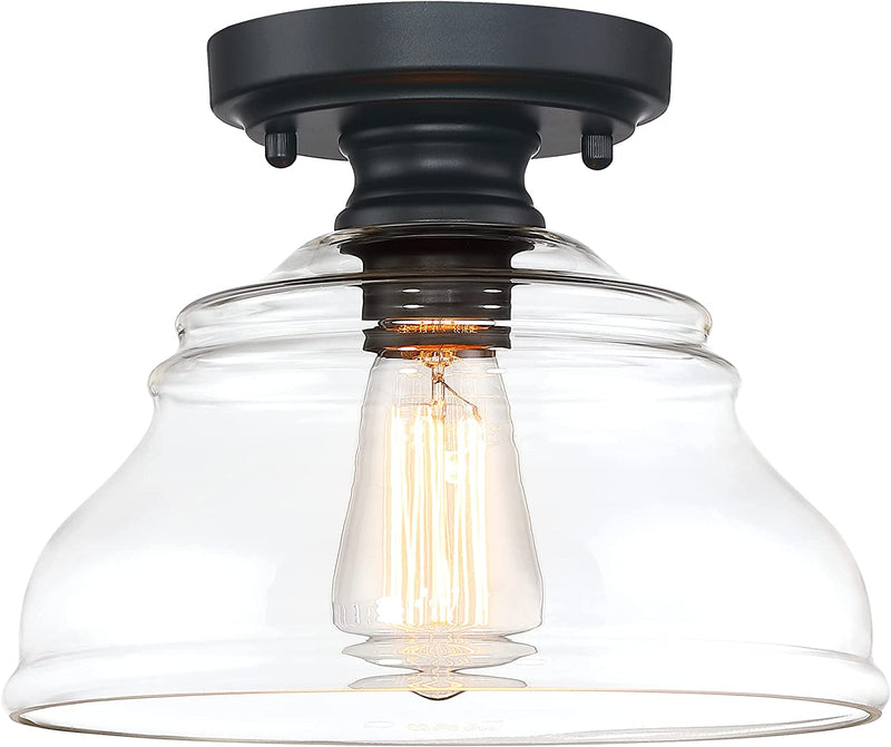 MEXO Industrial Pendant Lighting Fixture Clear Glass Shade Pendant Farmhouse 10" Close to Ceiling Lights Brushed Gold Hanging Chandelier for Hallway Bedroom, Kitchen Entryway Home & Garden > Lighting > Lighting Fixtures Mexo Black  