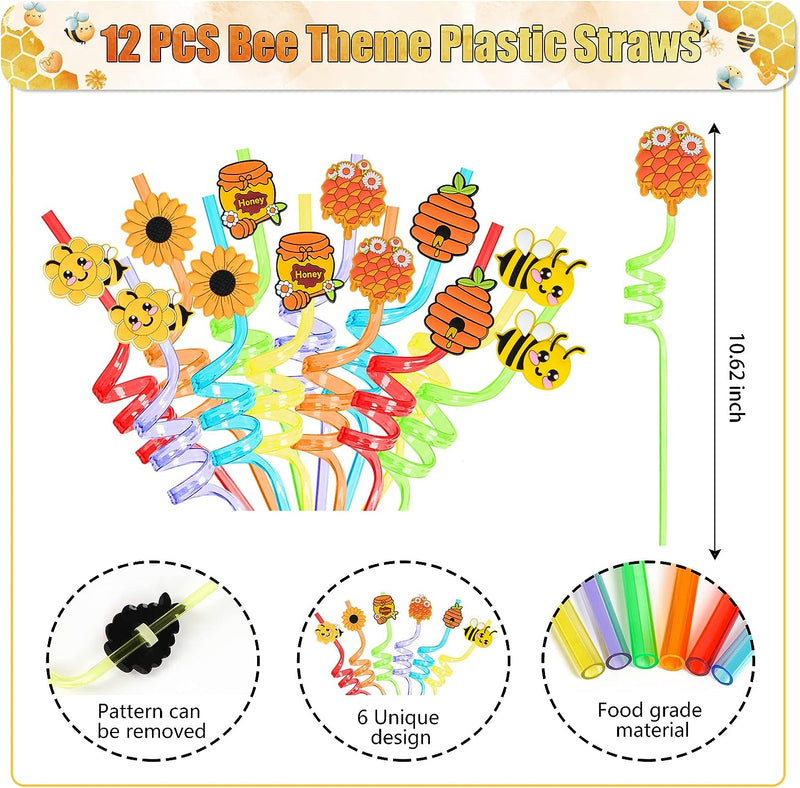 Erweicet Bee Party Favors 72 PCS Cute Bee Slap Bracelets DIY Stickers Honeycomb Temporary Tattoos Keychain Plastic Straws Gift Bags for Bee Day Theme Kids Birthday Party Baby Shower Party Supplies  Erweicet   
