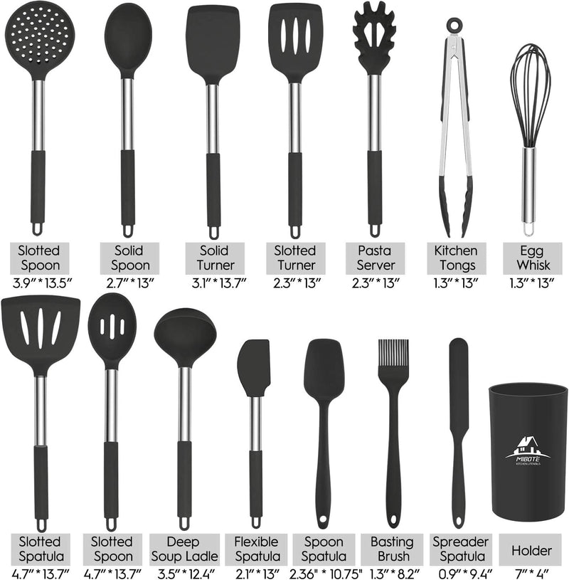 MIBOTE 15 Pcs Silicone Kitchen Utensils Set, Cooking Utensils Set with Heat Resistant Bpa-Free Silicone and Stainless Steel Handle Kitchen Tools Set (Black)