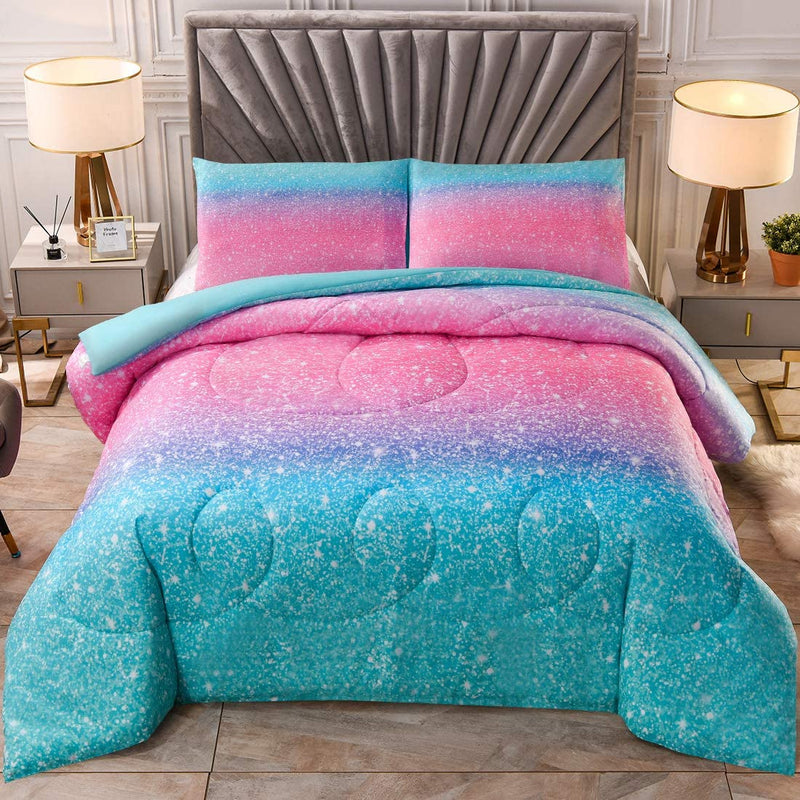 Jqinhome Twin Glitter Comforter Sets for Girls , 3D Colorful Duvet Pink Rainbow Themed Bedding, All-Season Reversible Quilted Duvet, for Girls Teen Women - Includes 1 Comforter, 1 Pillowcase Home & Garden > Linens & Bedding > Bedding JQinHome Pink Blue Queen(3pc) 