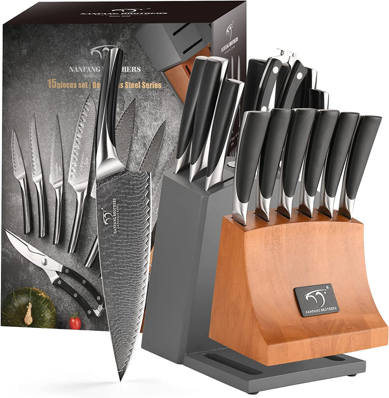 NANFANG BROTHERS Knife Set, 15-Piece Damascus Kitchen Knife Set with Block, ABS Ergonomic Handle for Chef Knife Set, Knife Sharpener and Kitchen Shears, Knife Block Set