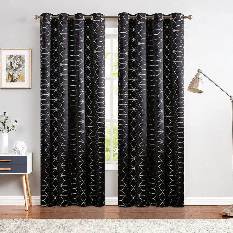 JINCHAN Silver Solid Diamond Curtain Foil Print Grommet Room Darkening Soft Sturdy Thermal Insulated Shades for Teens Kids Bedroom Living Room Nursery 84 Inches Length 2 Panels Black Home & Garden > Decor > Window Treatments > Curtains & Drapes jinchan   