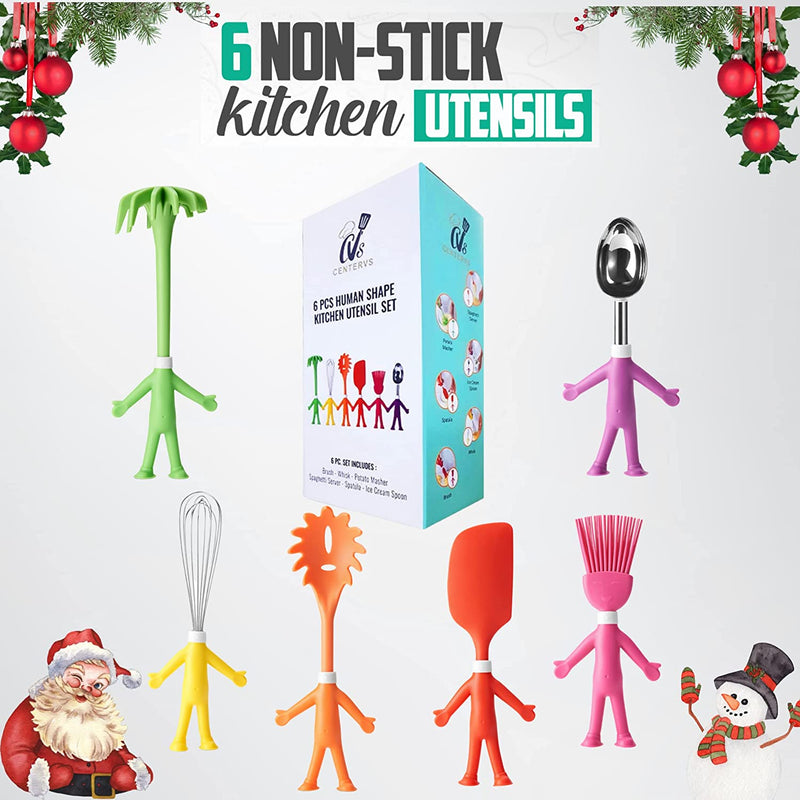 Kitchen Utensils Set in Human-Shape– 6 Pcs Cute Kitchen Accessories, Cooking Gadgets, Funny Christmas Gift, Silicone Spatula, Potato Masher, Whisk, Ice Cream Scoop, Basting Brush, & Pasta Fork