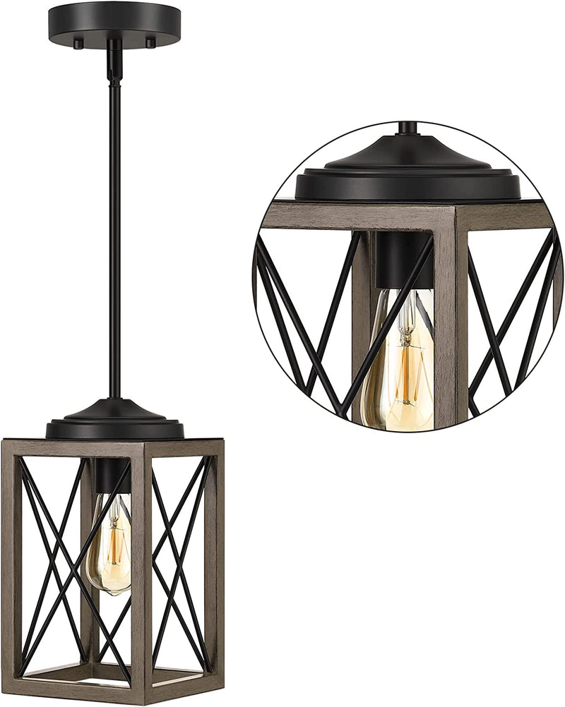 DEWENWILS Farmhouse Pendant Light, Metal Hanging Light Fixture with Wooden Grain Finish, 48 Inch Adjustable Pipes for Flat and Slop Ceiling, Kitchen Island, Bedroom, Dining Hall, E26 Base, ETL Listed Home & Garden > Lighting > Lighting Fixtures Dewenwils Gray  