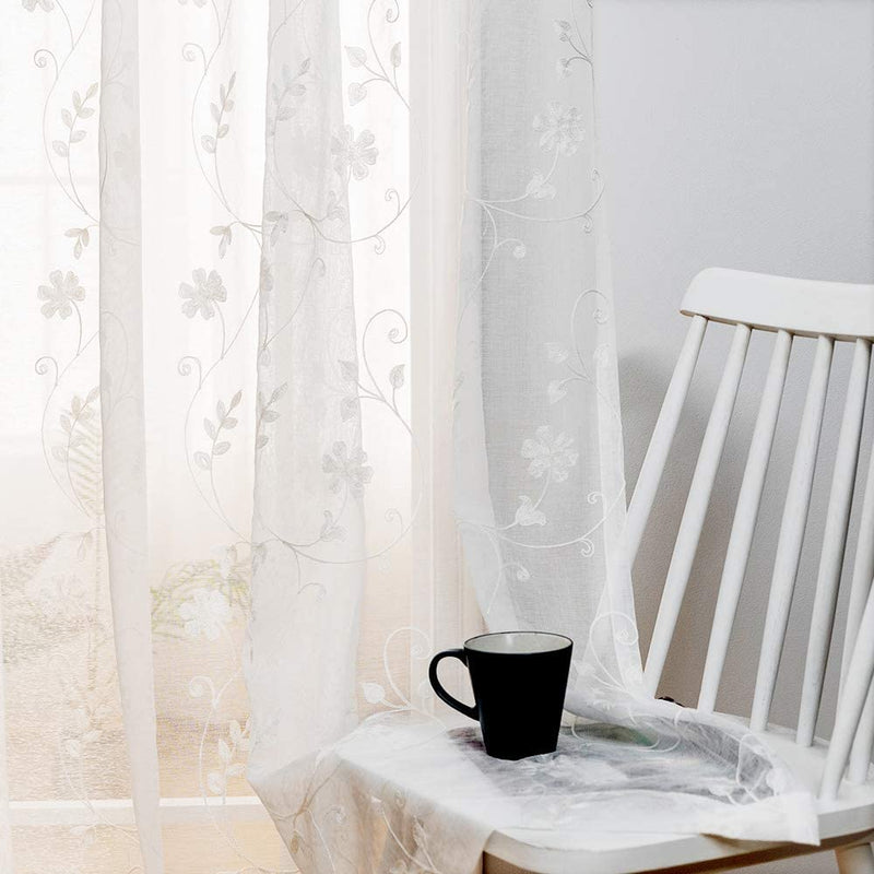 Floral Embroidery Gold Sheer Curtains 84 Inches Long, Rod Pocket Sheer Drapes for Living Room, Bedroom, 2 Panels, 52"X84", Semi Crinkle Voile Window Treatments for Yard, Patio, Villa, Parlor. Home & Garden > Decor > Window Treatments > Curtains & Drapes MYSTIC-HOME Floral White 52"Wx63"L 