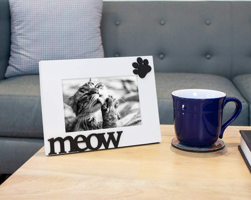 Isaac Jacobs White Wood Sentiments Cat “Meow” Picture Frame, 4X6 Inch, Photo Gift for Pet Cat, Kitten, Display on Tabletop, Desk (White, 4X6) Home & Garden > Decor > Picture Frames Isaac Jacobs International   