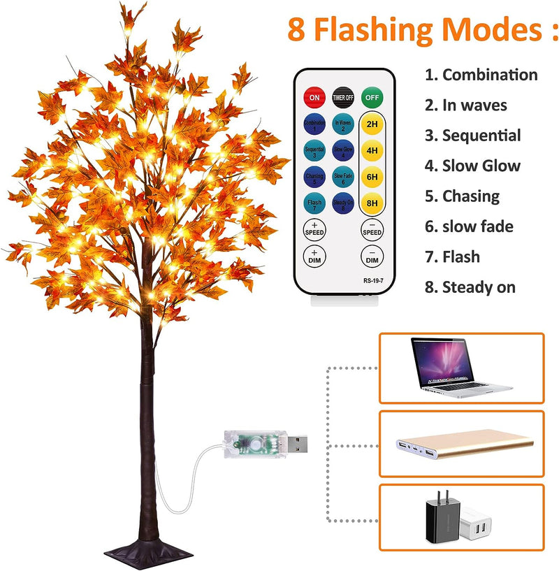 Fastdeng 5Ft Fall Maple Tree Light Thanksgiving Decorations, 90 LED Warm White Dimmable Timing Artificial Fall Tree with 8 Flashing Modes for Home Indoor Outdoor Autumn Thanksgiving Harvest Decor  FastDeng   