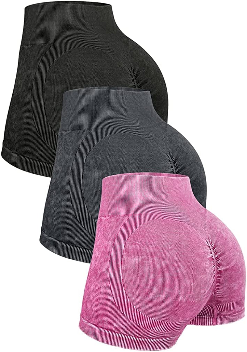 OQQ Women'S 3 Piece High Waist Workout Shorts Ribbed Acid Wash Butt Lifting Tummy Control Ruched Booty Yoga Short Pants Sporting Goods > Outdoor Recreation > Winter Sports & Activities OQQ Black Darkgrey Darkpink Small 