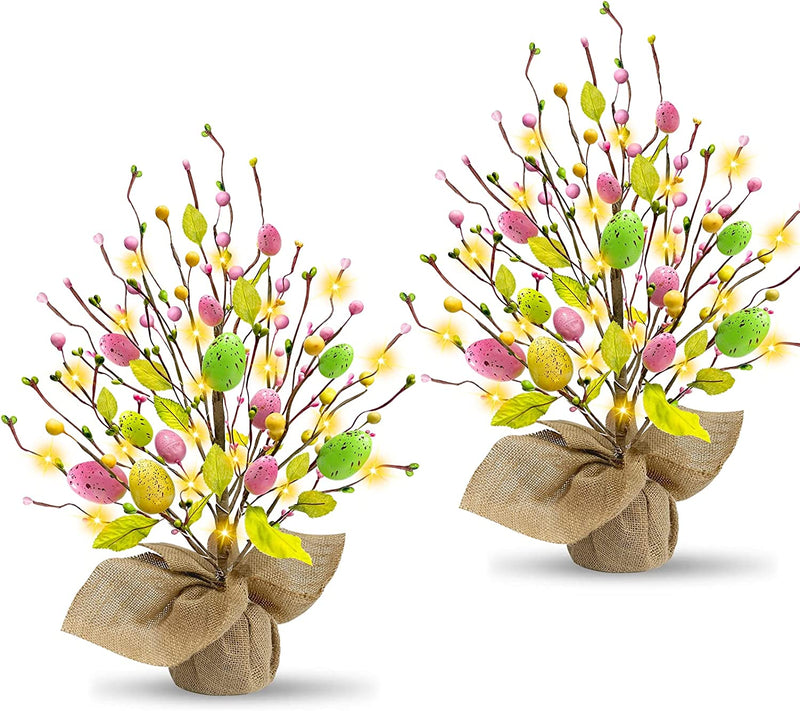 TURNMEON 2 Pack Prelit Easter Eggs Tree Tabletop Easter Decorations with 20 LED Warm Lights Battery Operated Colorful Eggs Berries Seeds 18 Inch Easter Decoration Home Party Indoor Spring Summer Decor