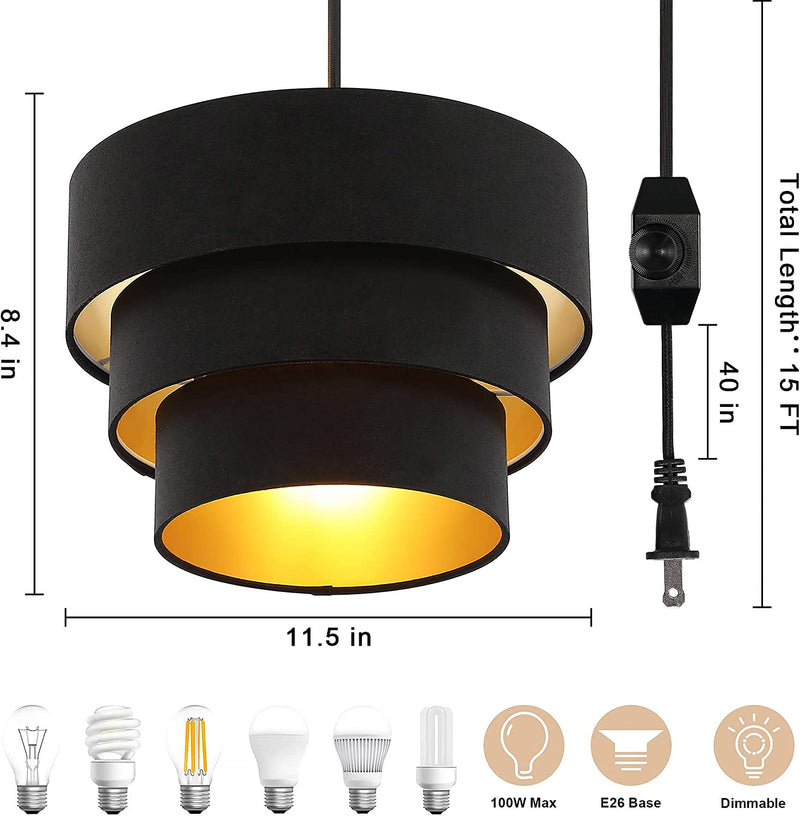 Mateyrie Plug in Pendant Light, Hanging Lamp with Dimmable Switch, Hanging Lights with Plug in Cord with 15 Ft Cord, Swag Light with Black Fabric Shade for Bedroom, Kitchen, Living Room Home & Garden > Lighting > Lighting Fixtures Mateyrie   