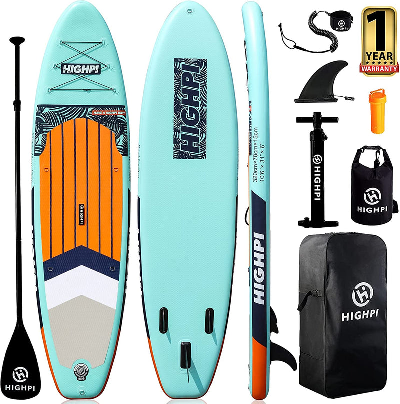 Highpi Inflatable Stand up Paddle Board 10'6''/11' Premium SUP W Accessories & Backpack, Wide Stance, Surf Control, Non-Slip Deck, Leash, Paddle and Pump, Standing Boat for Youth & Adult Sporting Goods > Outdoor Recreation > Winter Sports & Activities Highpi Tropical Leaf  