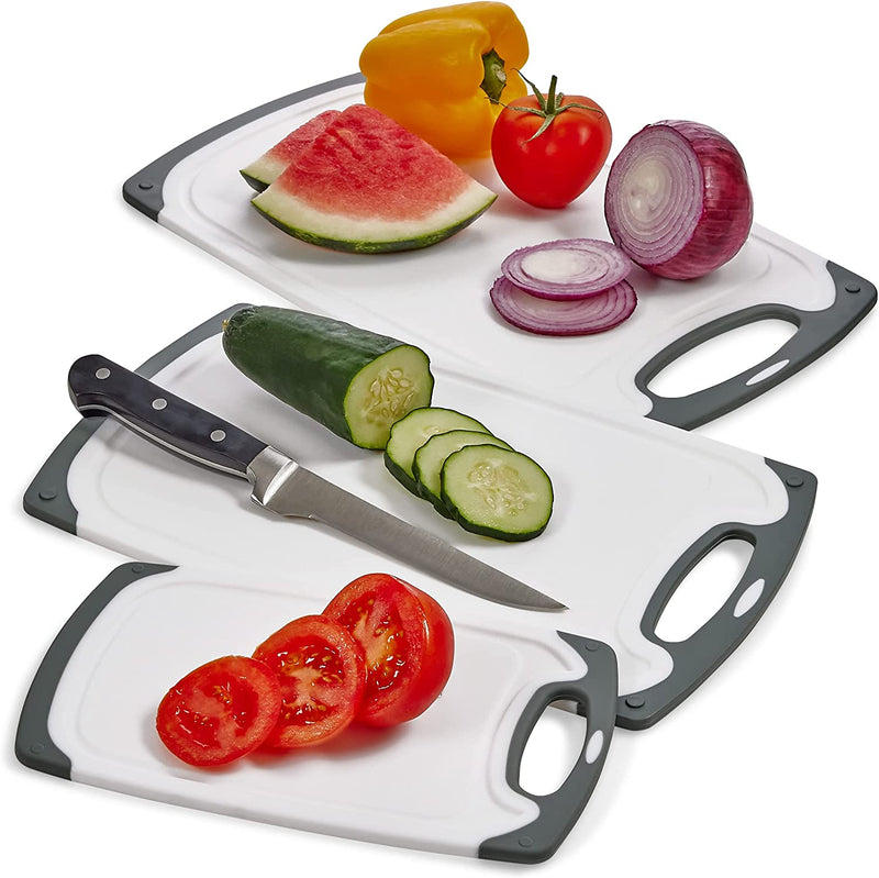 Plastic Cutting Boards for Kitchen 3 Pcs - 3 SIZES, Non-Slip Chopping Board with Juice Groove & Easy Grip Handles { White and Gray Color } Home & Garden > Kitchen & Dining > Kitchen Tools & Utensils SAFUU   