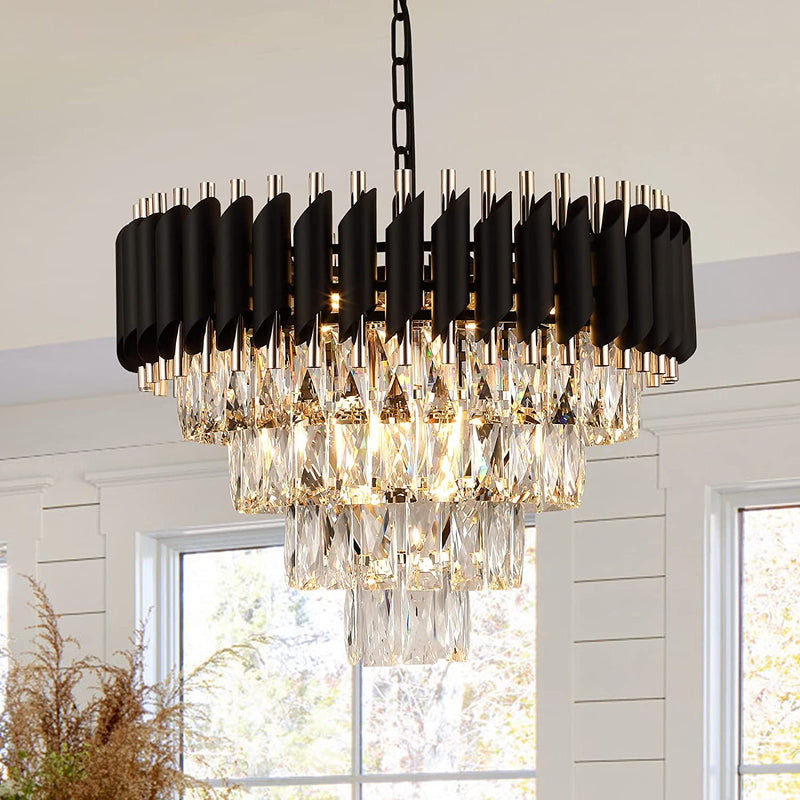 AXILIXI Crystal Chandelier Contemporary, 24" Modern Living Room Chandelier, K9 Crystal Ceiling Lights Fixtures, round 5 Tiers Pendant Lighting Chandelier Black for Entryway Dining Room Staircase