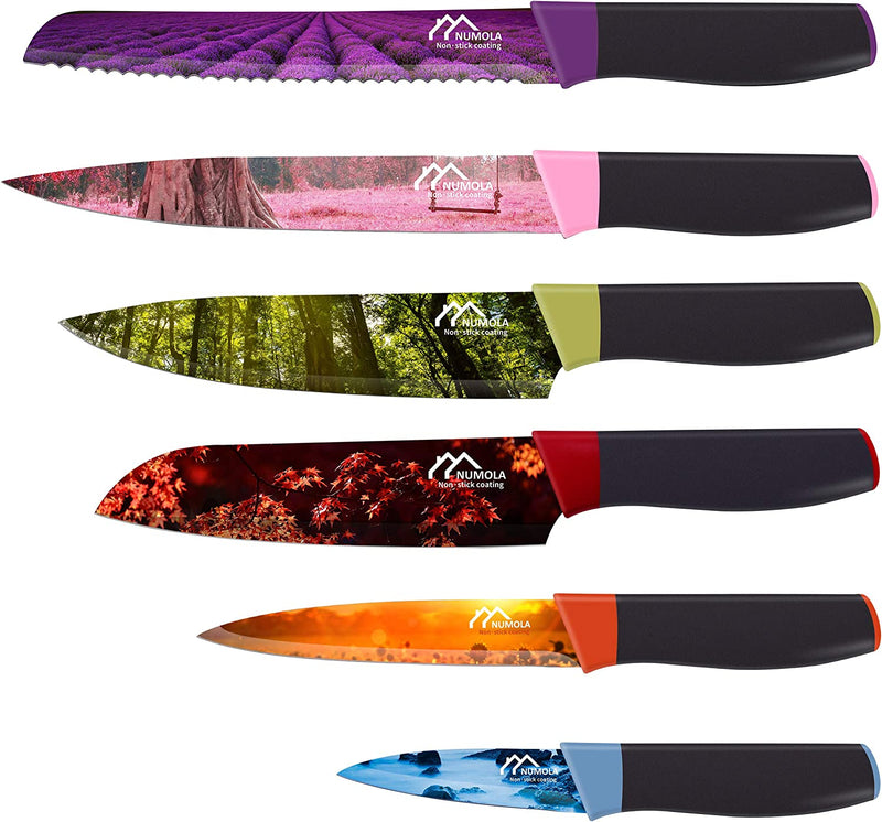 Numola Colorful Kitchen Knife Set with Gift Box, Stainless Steel Chef Knife Set with Ergonomic Handle, 6 Piece Colored Cooking Knives with Landscape Coating Gifts for Couple Chefs