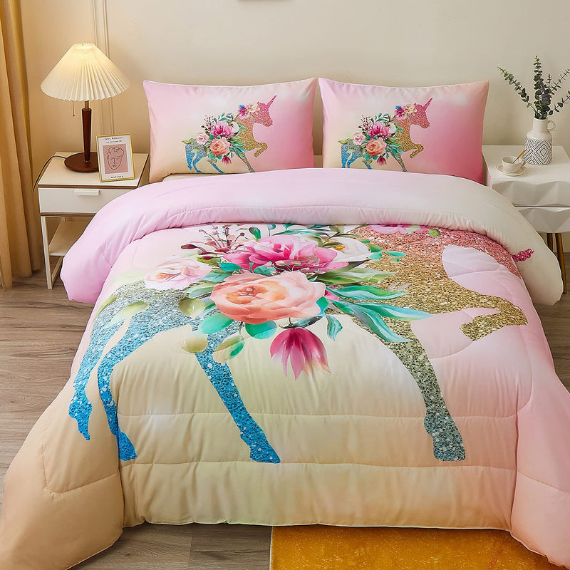 Namoxpa Cute Flower Unicorn Kids Bedding White Pink Golden Ears Unicorn 3 Pieces Bedding Comforter Sets Gifts for Teens and Girls,Twin Size Home & Garden > Linens & Bedding > Bedding Namoxpa 3 Twin 