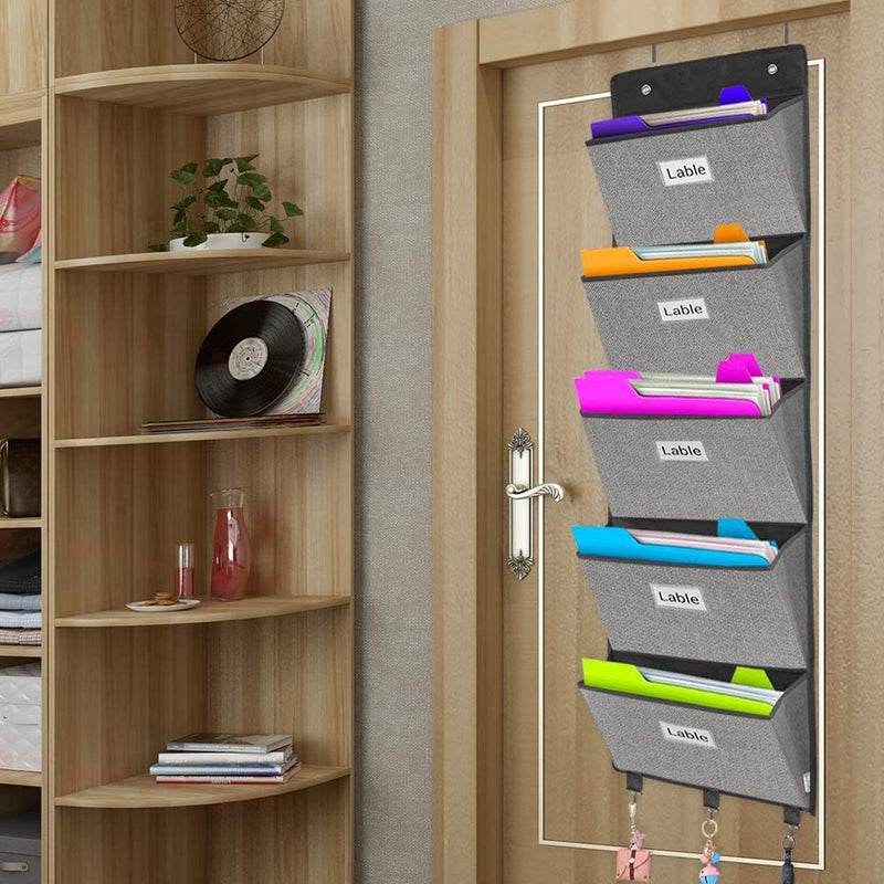 Over the Door File Organizer,Wall Mounted Hanging File Folder Holder Mail Organizers,Home Office Supplies Storage Pocket Chart for Paper,Magazine,Notebooks,Planners,5 Large Pockets Grey Home & Garden > Household Supplies > Storage & Organization homyfort   