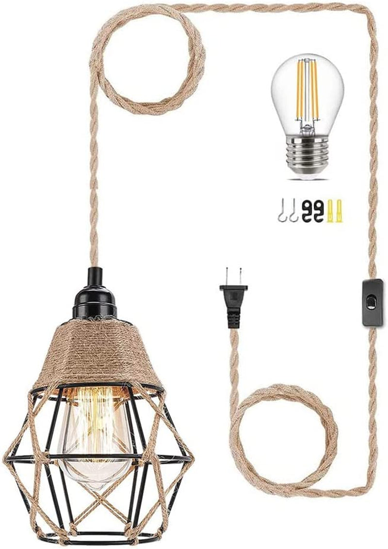 Plug in Pendant Light Hanging Lamp with Plug in Cord, Hemp Rope Hanging Light Fixtures with On/Off Switch, Farmhouse Plug in Chandelier Pendant Lamp for Kitchen Bedroom Living Room Hallway Home & Garden > Lighting > Lighting Fixtures Haozhixin   