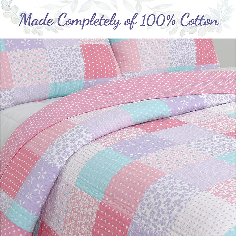 Cozy Line Home Fashions Angelina Floral Dot Pink Light Purple Blue 100% Cotton Reversible Girl Quilt Bedding Set, Bedspread, Coverlet (Twin - 2 Piece)