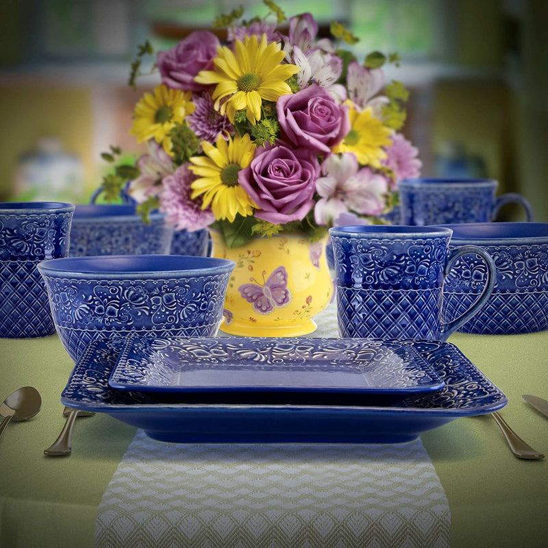 Elama Indigo Lotus 16 Piece Square Stoneware Dinnerware Set Home & Garden > Kitchen & Dining > Tableware > Dinnerware Elama   