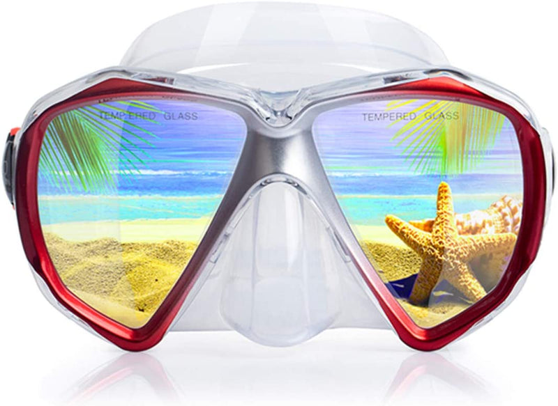 Snorkel Diving Mask Panoramic HD Swim Mask, Anti-Fog Scuba Diving Goggles,Tempered Glass Dive Mask Adult Youth Swim Goggles with Nose Cover for Diving, Snorkeling, Swimming Sporting Goods > Outdoor Recreation > Boating & Water Sports > Swimming > Swim Goggles & Masks EXP VISION Clear Red  