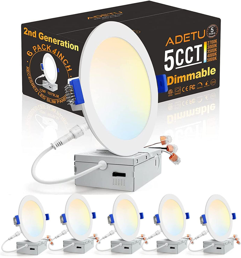 Adetu 12 Pack 6 Inch Ultra-Thin LED Recessed Ceiling Light with Junction Box, 5000K Daylight, 12W110W Eqv, Dimmable Can-Killer Downlight, 1080LM High Brightness - ETL and Energy Star Certified Home & Garden > Lighting > Flood & Spot Lights Adetu 6 Pack 5cct 4IN 