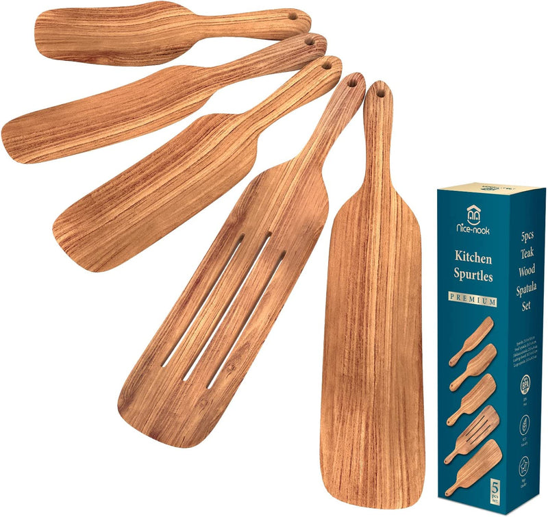 Spurtle Set -Spurtles Kitchen Tools as Seen on TV- Nice-Nook 5Pc Wooden Spoons for Cooking Made with Premium Teak Wood-Cookware Utensils for Non Stick Good for Scooping, Spreading, Serving and More. Home & Garden > Kitchen & Dining > Kitchen Tools & Utensils Nice-nook 5 Pcs Set  