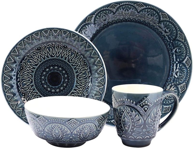 Elama Decorated round Stoneware Deep Embossed Dinnerware Dish Set, 16 Piece, Dark Navy Blue Home & Garden > Kitchen & Dining > Tableware > Dinnerware Elama   