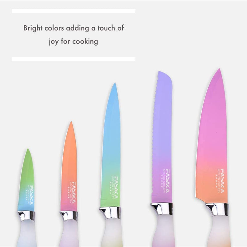 FASAKA 6 Piece Colorful Knife Set - 5 Kitchen Knives with 1 Peeler - Non-Stick Stainless Steel Chef Knife Set - Rainbow Knives with round PP Handle, Display with Gift Box