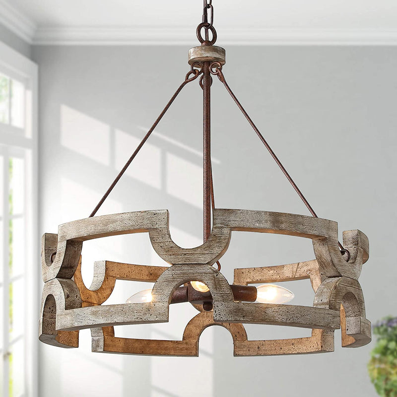 Farmhouse Chandeliers for Dining Rooms, Drum Chandelier Lighting Fixture in Ancient Wood Color with Dots, W19.5"Xh21" Home & Garden > Lighting > Lighting Fixtures > Chandeliers RUZINIU   