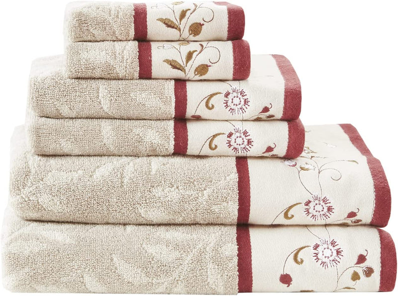 Madison Park Serene 100% Cotton Bath Towel Set Luxurious Floral Embroidered Cotton Jacquard Design, Soft and Highly Absorbent for Shower, Multi-Sizes, Purple 6 Piece Home & Garden > Linens & Bedding > Towels Madison Park Red  
