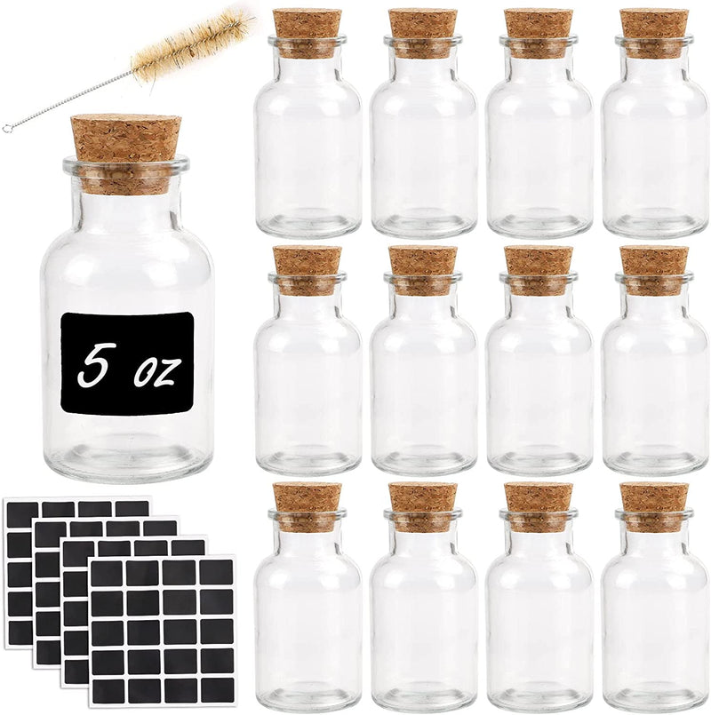 CUCUMI 12Pcs 150Ml Glass Spice Jars with Lids Reusable Glass Spice Bottles with Cork, 100Pcs Blank Square Stickers 1Pcs Test Tube Brush for Storing Tea Herbs and Spices