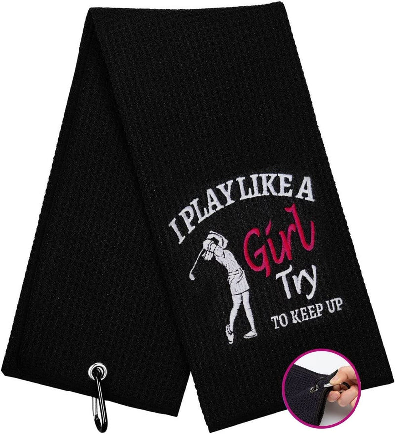 Funny Golf Towel, Oh My God Look at Her Putt - Golf Gifts for Men Women, Golf Accessories for Women, Embroidered Golf Towels for Golf Bags with Clip, Black Sporting Goods > Outdoor Recreation > Winter Sports & Activities botogift Black- Girl Try to Keep Up  