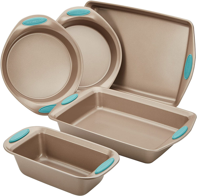 Rachael Ray Cucina Nonstick Bakeware Set Baking Cookie Sheets Cake Muffin Bread Pan, 10 Piece, Latte Brown with Cranberry Red Grips Home & Garden > Kitchen & Dining > Cookware & Bakeware Rachael Ray Latte Brown with Agave Blue Grips 5 Piece 