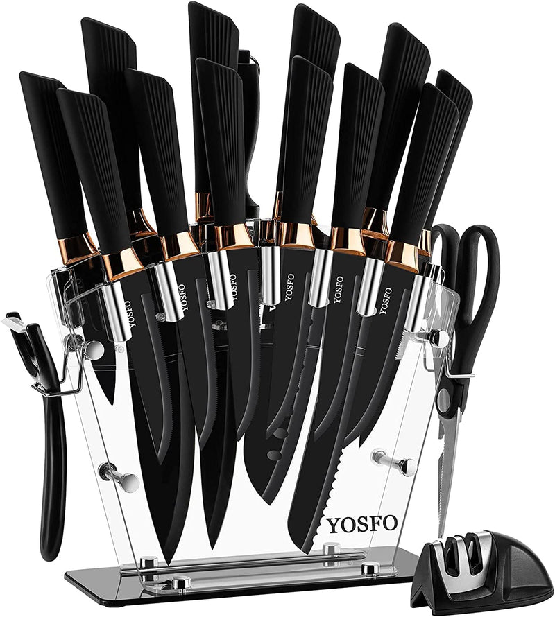 Knives Set with Acrylic Stand, 17Pcs Stainless Steel Knife Block Set Includes Serrated Steak Knives Set, Chef Santoku Knives, Scissor, Sharpener and Knife Holder (Black Knife Set with Block) Home & Garden > Kitchen & Dining > Kitchen Tools & Utensils > Kitchen Knives YOSFO Black Knife Set with Block  