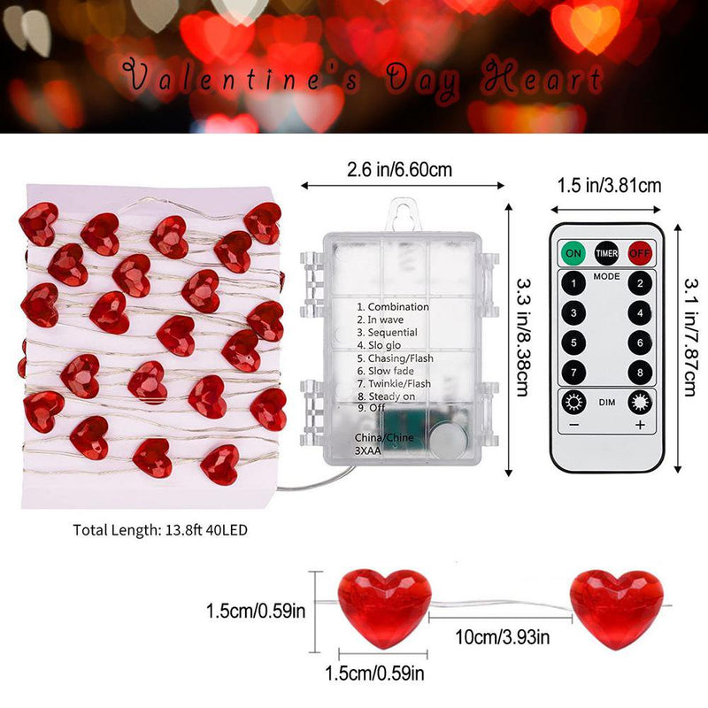 MINOCOOL 10 Ft 30 LED Outdoor String Lights Valentine'S Day Red Heart Mini String Lights with 8 Modes IP44 Waterproof Battery Operated String Lights Valentine'S Day Decoration Cute Home & Garden > Decor > Seasonal & Holiday Decorations MINOCOOL   