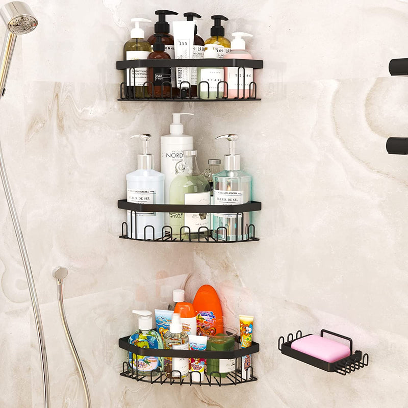 GILLAS Farmhouse 4 Pack Shower Caddy Bathroom Shelf with Toothbrush Holder , Soap Dish, No Drilling Traceless Adhesive Wall Mounted Bathroom Storage Organizer Basket with Hooks,Black Home & Garden > Household Supplies > Storage & Organization GILLAS Black 4 Pack Corner Shower Caddy 