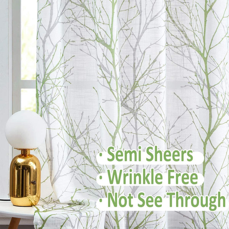 FMFUNCTEX Extra-Wide Patio Door Curtain 100 Inches Width by 96Inch Length Tree Print Not See through Linen Textured Semi Sheer Curtain Green-Gray Branch Sliding Door Panel 1 Pc 8Ft