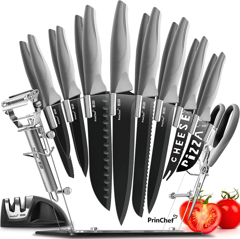 Princhef Knife Set, 19 Pcs Rust Proof Knives Set for Kitchen, with Acrylic Stand, Sharpener, Scissors and Peeler, Stainless Steel Knife Sets with Black Coating, Nonstick and No Scratch