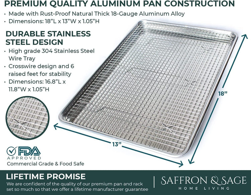 Commercial Quality Half Sheet Baking Pan and Stainless Steel Cooling Wire Rack Set - Aluminum Tray 18" X 13" - Rust & Warp Resistant, Heavy Duty & Thick Gauge - Delivers an Evenly Baked Cookie Home & Garden > Kitchen & Dining > Cookware & Bakeware Saffron & Sage Home Living   