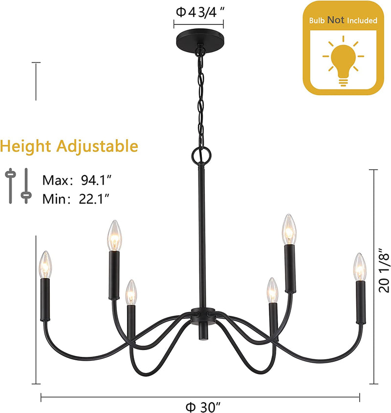 Bunkos Farmhouse Black Chandelier Rustic Candle 6-Light Pendant Light 30 Inches Adjustable Height Ceiling Light Fixture for Living Room Kitchen Island Dining Room Bedroom Foyer Home & Garden > Lighting > Lighting Fixtures > Chandeliers BUNKOS   