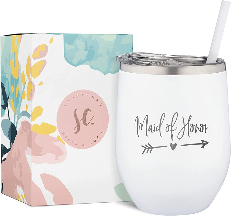 Sassycups Mother of the Groom Tumbler | Engraved Stainless Steel Insulated Wine Tumbler with Lid and Straw | Wedding Party Tumblers | for Grooms Mom | Engagement Announcement (12 Ounce, White) Home & Garden > Kitchen & Dining > Tableware > Drinkware SassyCups Maid of Honor  