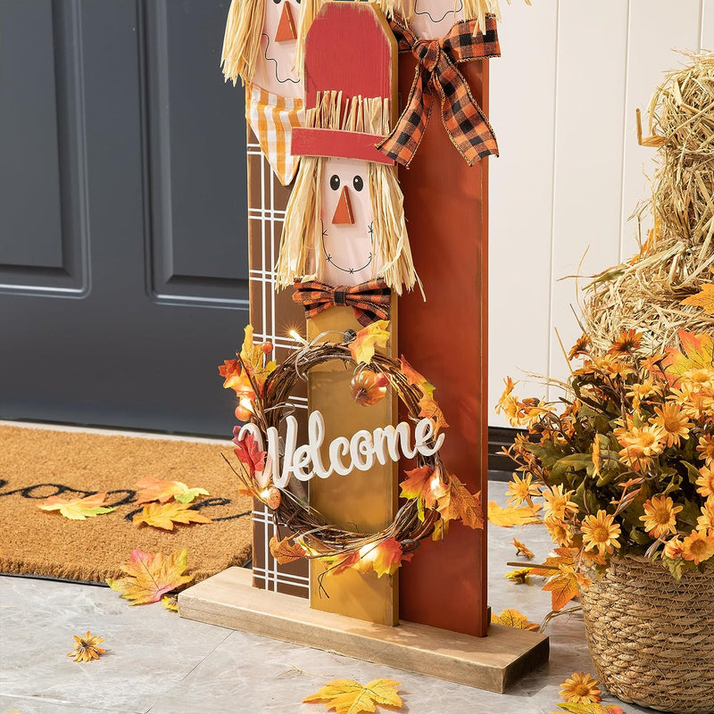 Glitzhome Fall Wooden Scarecrow Family with Wreath Porch Decor Rustic Fall Harvest Lighted Scarecrow Yard Sign Farmhouse Porch Sign Standing Decor for Fall Harvest Autumn Thanksgiving