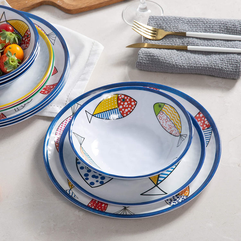 Melamine Dinnerware Set for 4, Plates and Bowls Sets, Great for Camper, RV, Indoors Outdoors Use with Ocean Printed, Unbreakable Home & Garden > Kitchen & Dining > Tableware > Dinnerware Gofunfun   