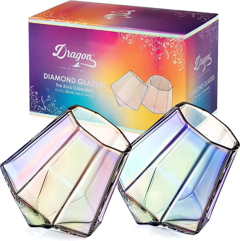Dragon Glassware Whiskey Glasses, Iridescent Diamond Shaped Cocktail Barware, Unique Drinkware for Wine and Bourbon, Naturally Aerates, 10 Oz, Set of 2 Home & Garden > Kitchen & Dining > Barware Dragon Glassware Iridescent 2 Count (Pack of 1) 