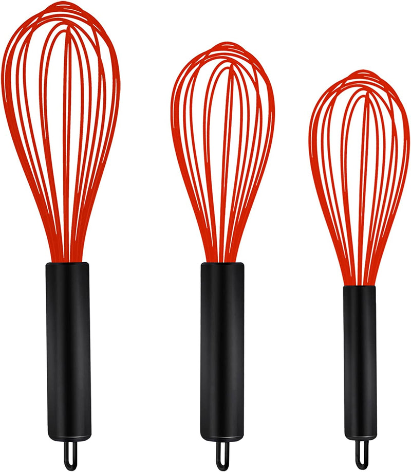 TEEVEA Silicone Whisk 3 Pack Upgraded Kitchen Silicone Whisk Balloon Wire Whisk Set Sturdy Egg Beater Baking Tools for Blending Whisking Beating Stirring Cooking Baking Home & Garden > Kitchen & Dining > Kitchen Tools & Utensils TEEVEA 3 Pack Red Balloon Black Handle  