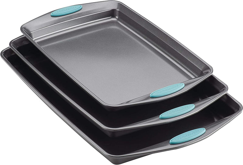 Rachael Ray Bakeware Nonstick Cookie Pan Set, 3-Piece, Gray with Agave Blue Grips Home & Garden > Kitchen & Dining > Cookware & Bakeware Meyer Corporation Agave Blue Grips Set 