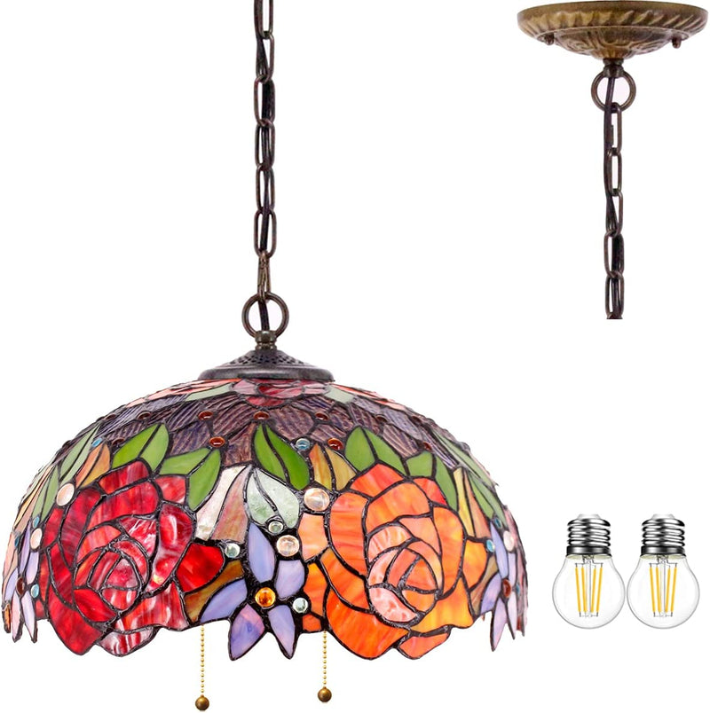 WERFACTORY Tiffany Pendant Light Fixture Red Yellow Rose Stained Glass Hanging Lamp Wide 16 Inch, Height 40 Inch S001 Series Home & Garden > Lighting > Lighting Fixtures WERFACTORY   