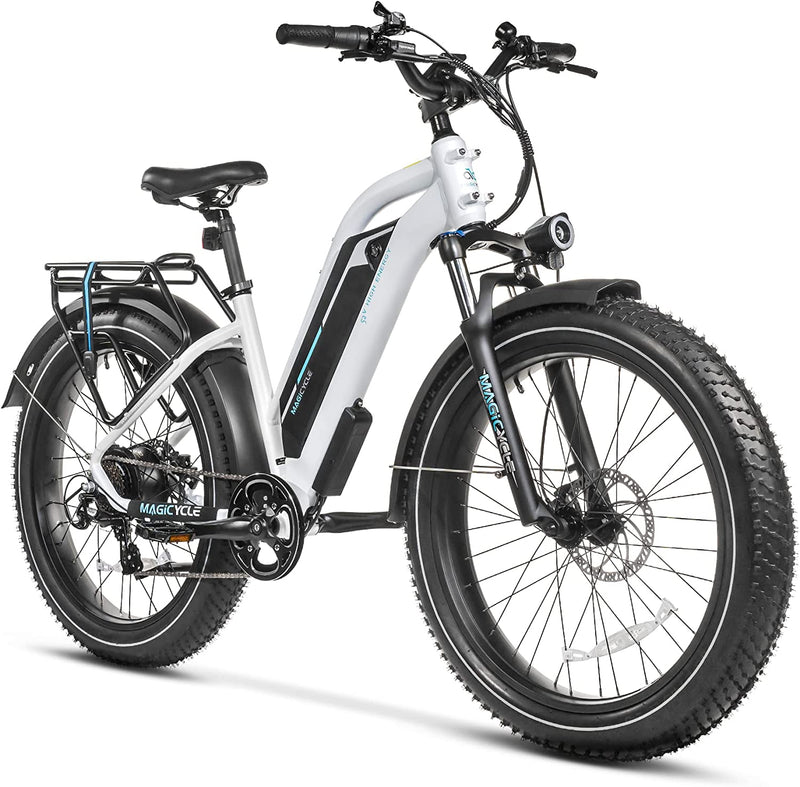 MAGICYCLE Fat Tire Electric Bike for Adults 750W Motor 52V 15AH/20AH Large Battery E Bike 26'' Fat Tire Electric Bike 25MPH 7-Speed up to Electric Mountain Bike Sporting Goods > Outdoor Recreation > Cycling > Bicycles MAGICYCLE Pearl White Cruiser Mid Step-thru 